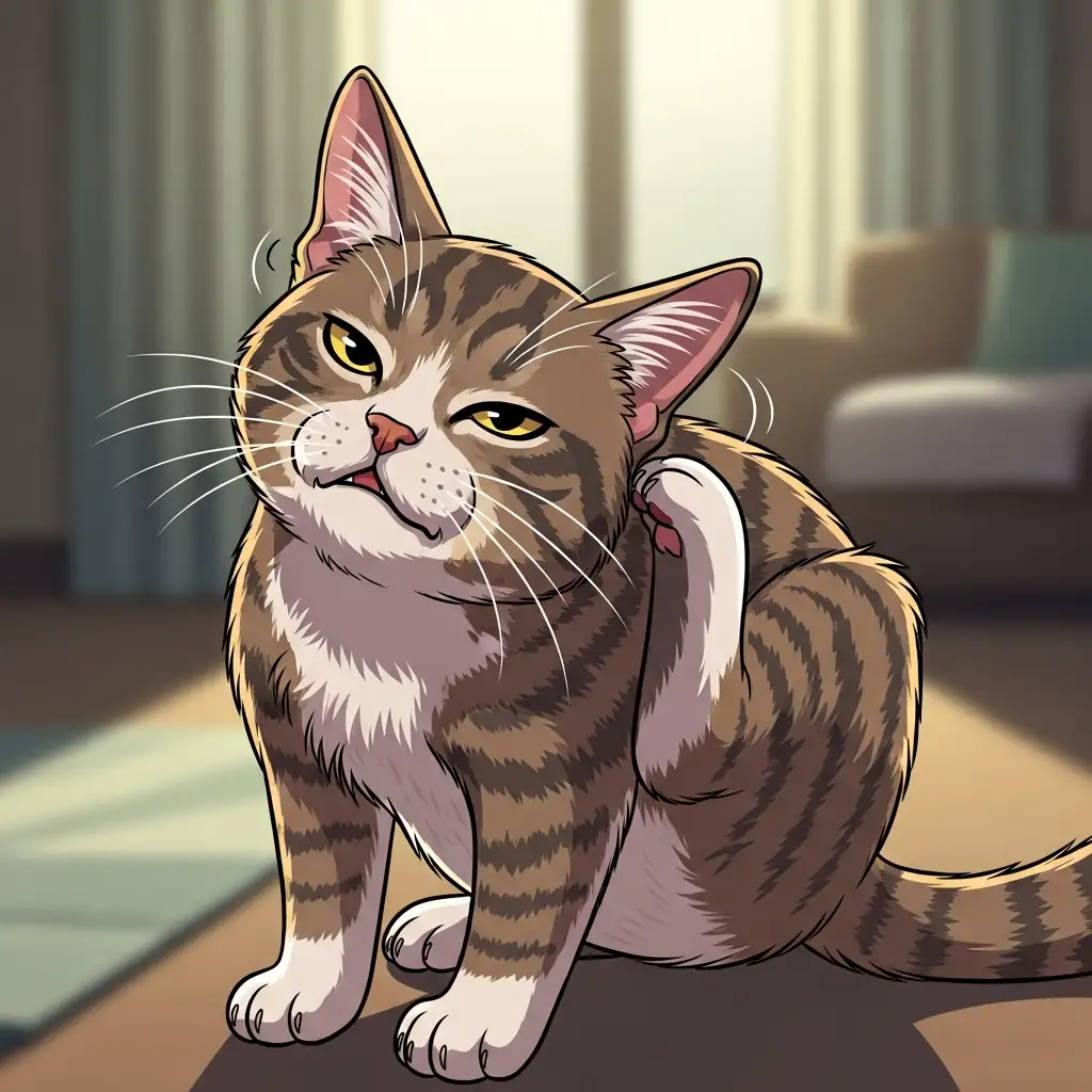 귀가 가려워 뒷발로 귀 주변을 세게 긁고 있는 고양이의 모습으로 귀 진드기 감염의 전형적인 행동 증상을 보여줍니다.