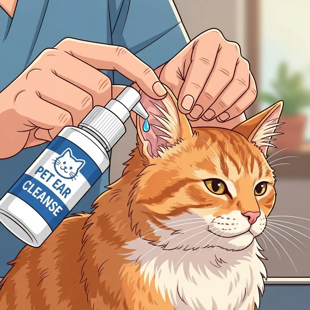 고양이 전용 귀 세정액을 사용하여 안전하고 부드럽게 고양이의 귀를 청소해주며 위생 관리를 실천하는 모습입니다.