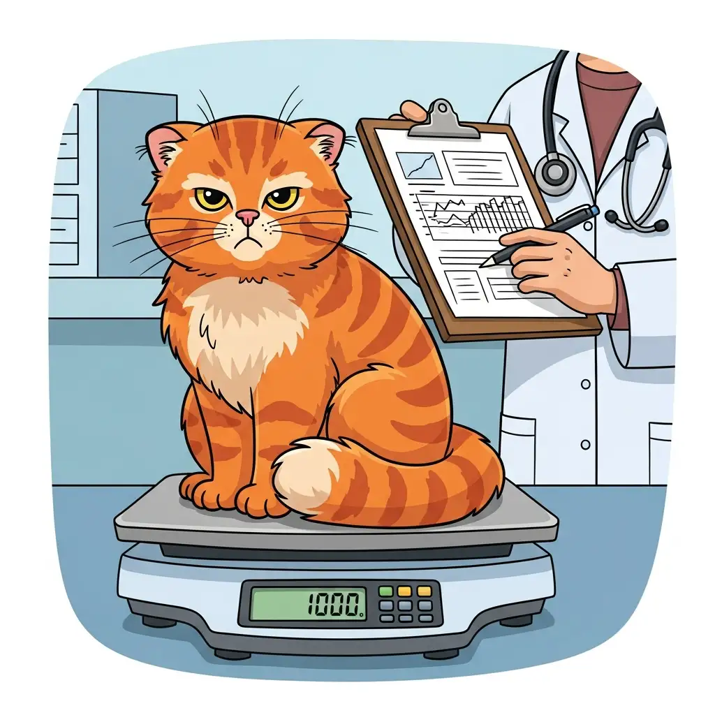 고양이 비만 상태를 확인하기 위해 체중계 위에 올라가 있는 귀여운 고양이와 체중 관리를 준비하는 모습