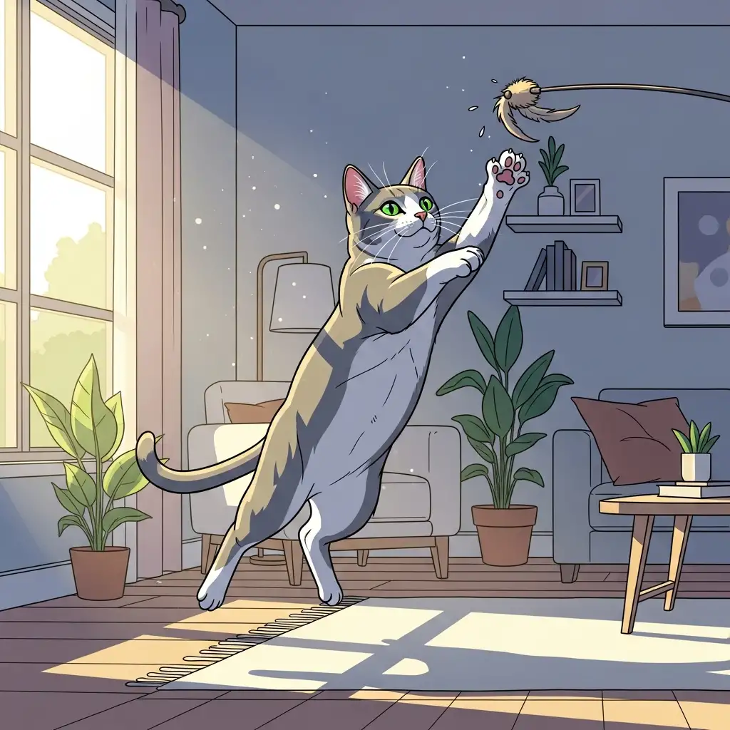 다이어트 식단과 병행하여 실내 운동을 통해 체중을 감량하고 있는 활기찬 고양이의 모습