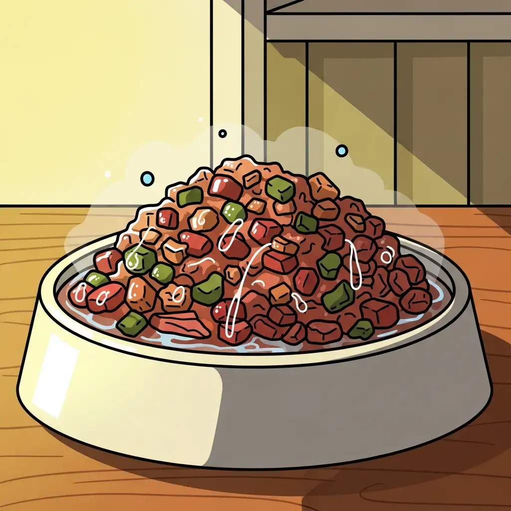 고양이의 수분 섭취를 돕기 위해 물을 살짝 섞은 맛있는 습식 사료의 모습