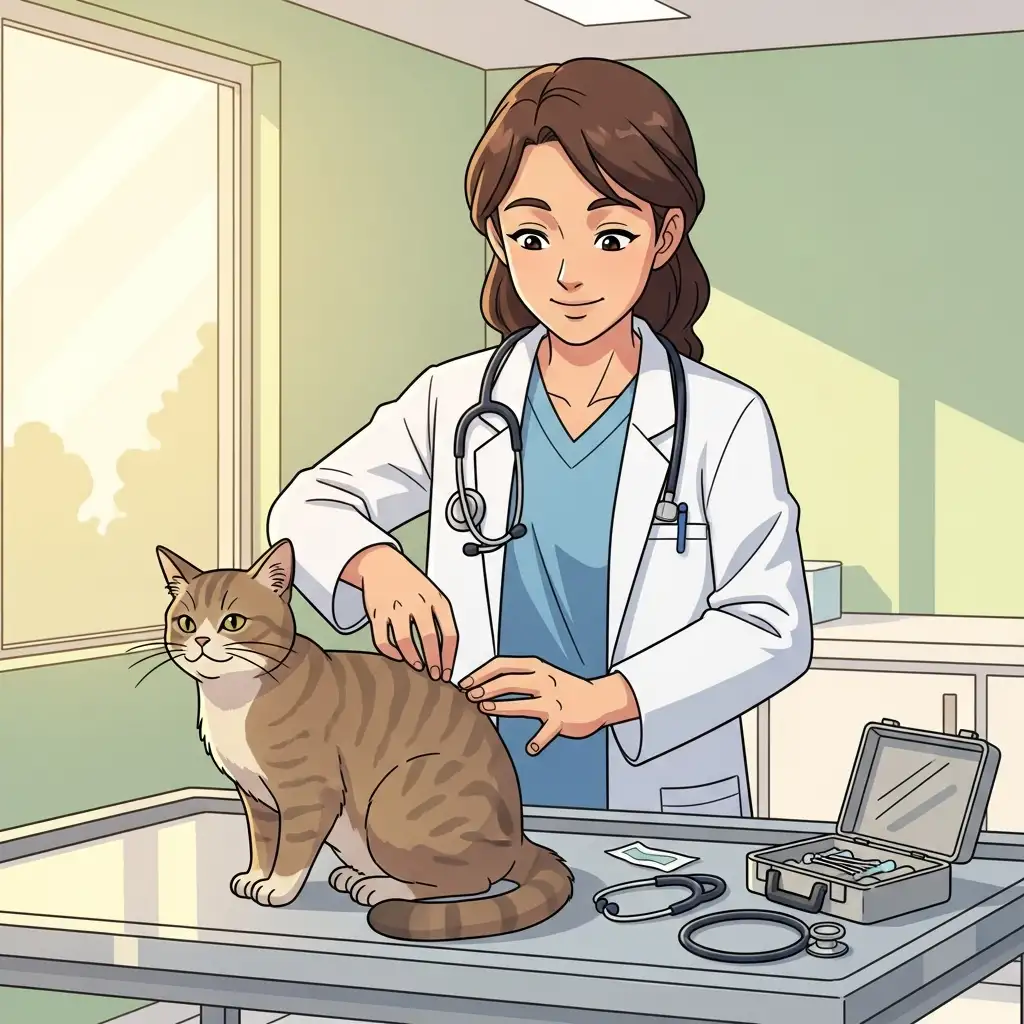 동물병원에서 수의사가 고양이의 피부 탄력을 체크하며 탈수 여부를 검사하는 모습