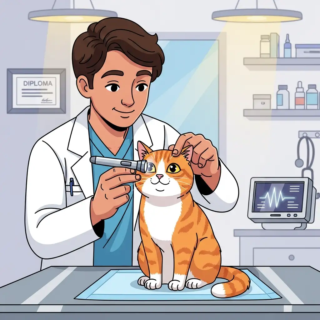 수의사가 고양이의 눈과 잇몸을 확인하며 황달 증상을 체크하는 전문적인 진료 모습입니다.