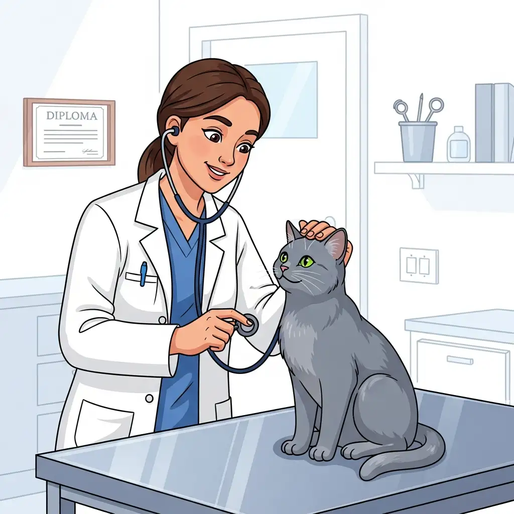 깨끗한 동물병원 진료대 위에서 수의사가 회색 고양이를 부드럽게 검진하고 있는 모습입니다. 전문적인 건강 진단의 중요성을 강조합니다.