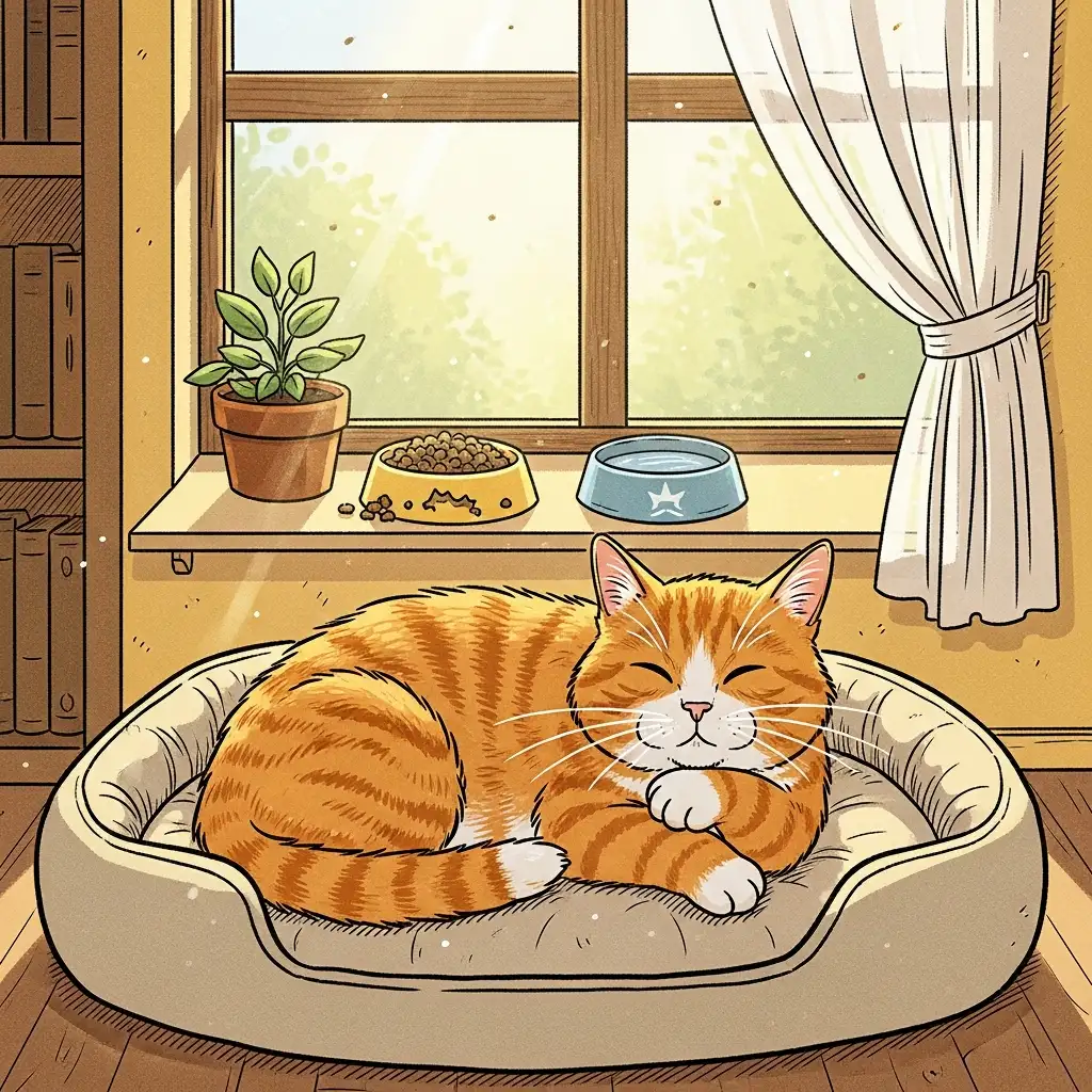 노령묘의 건강 관리를 위해 집안에서 편안하고 따뜻하게 휴식을 취하고 있는 고양이의 모습입니다