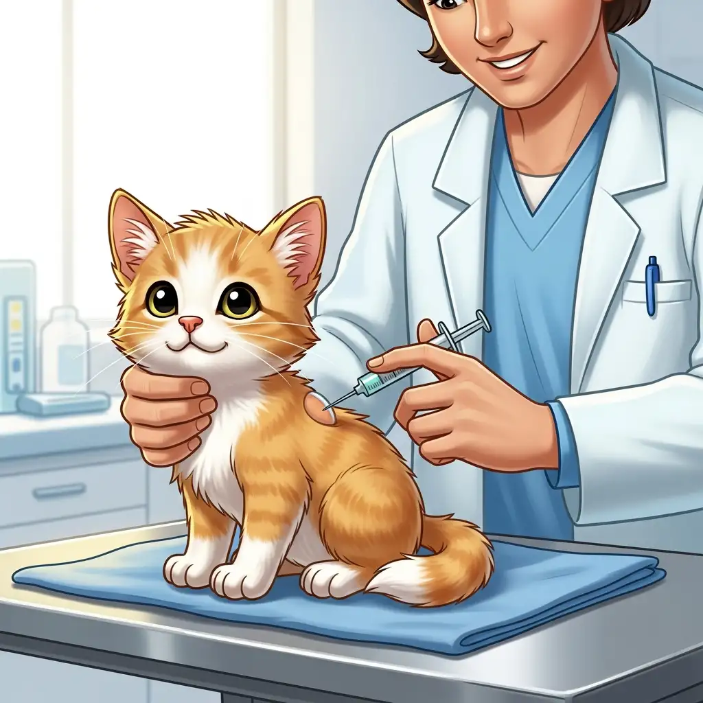 기초 면역 형성을 위해 동물병원에서 수의사에게 고양이 예방접종을 받고 있는 어린 새끼 고양이입니다