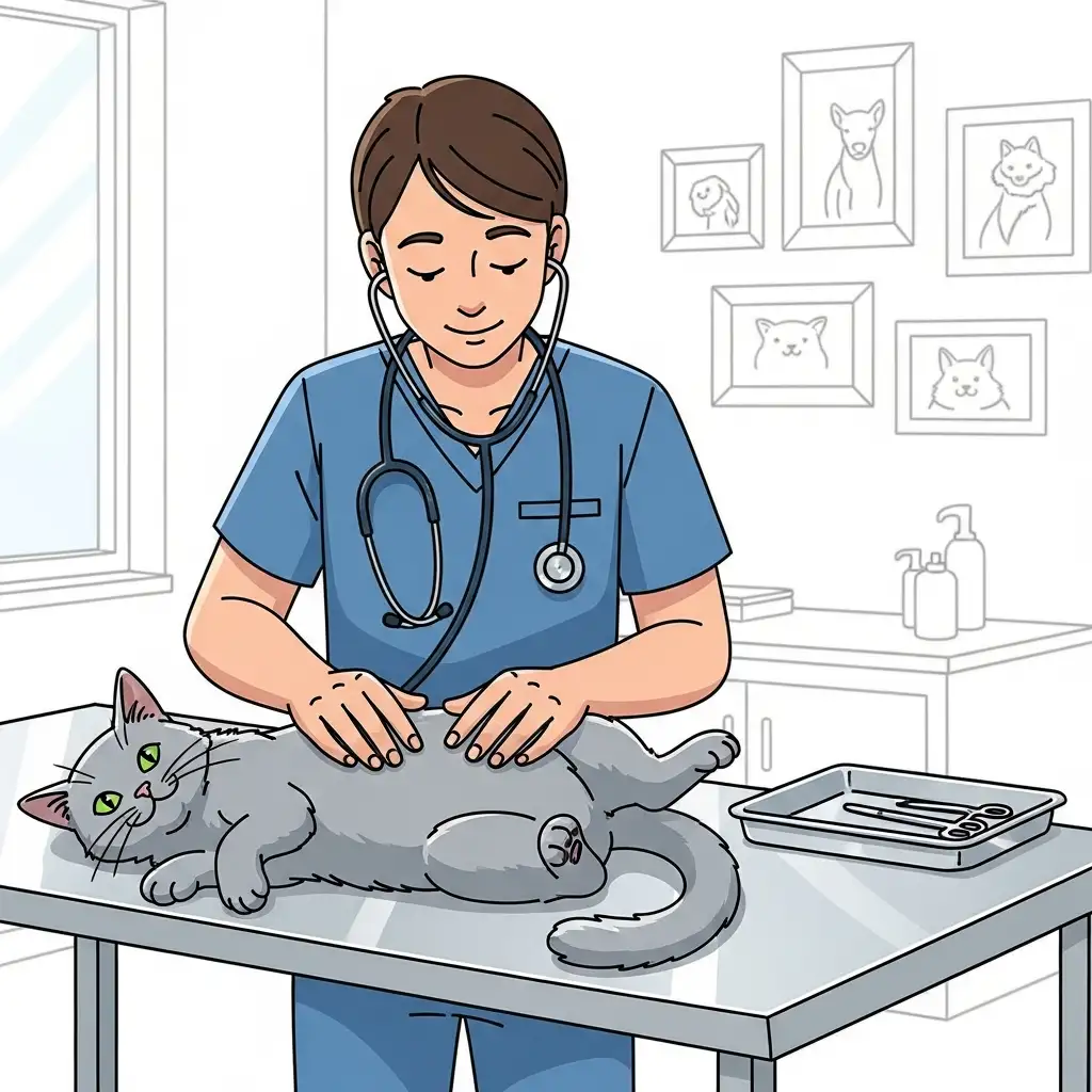 수의사가 고양이IBD 진단을 위해 고양이의 복부를 부드럽게 촉진하며 검사하고 있는 전문적인 모습입니다.