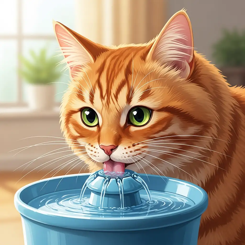 고양이장건강관리를 위해 깨끗한 정수기에서 물을 마시며 수분을 섭취하고 있는 고양이의 상세 모습입니다.