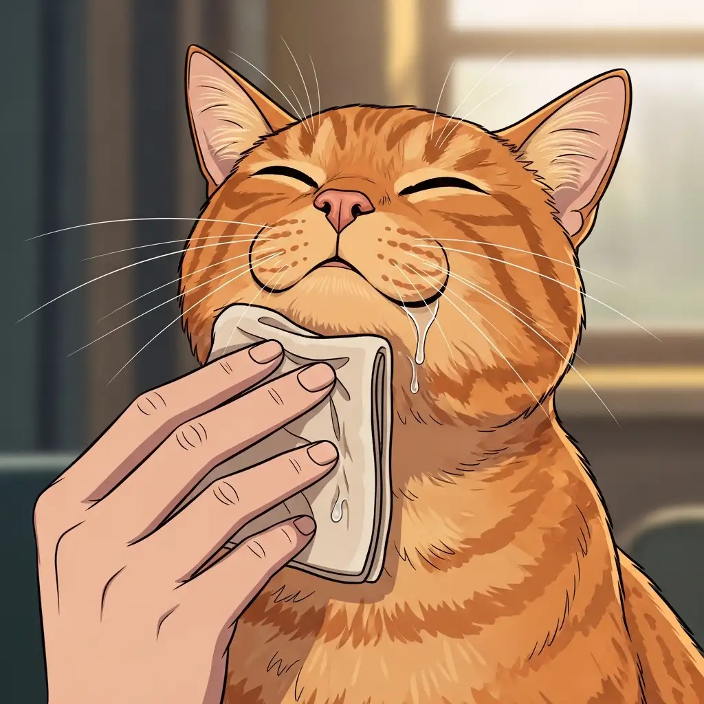 고양이의 턱 부분을 따뜻한 수건으로 부드럽게 닦아주며 턱드름을 관리하고 있는 보호자의 손길