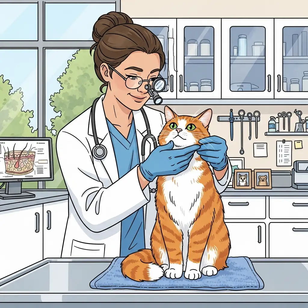 동물병원에서 수의사가 고양이의 턱 상태를 꼼꼼하게 살피며 피부 질환 여부를 진단하는 모습