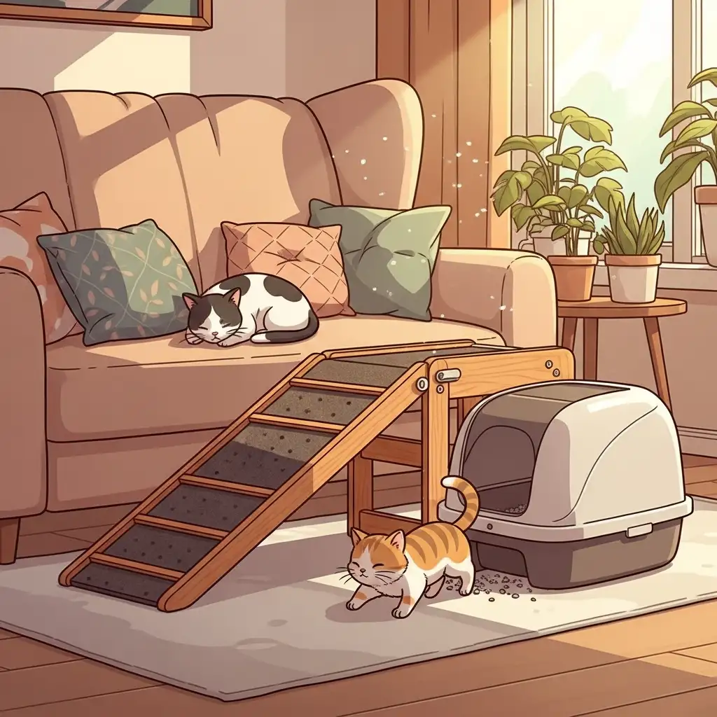 높은 소파 옆에 설치된 반려동물용 경사로와 입구가 낮은 고양이 화장실이 배치된 실내 환경 모습입니다.