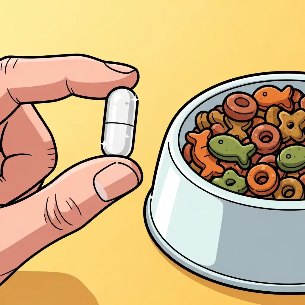 건강한 고양이 사료 옆에서 집사가 관절 건강에 도움을 주는 영양제 캡슐을 들고 있는 모습입니다.