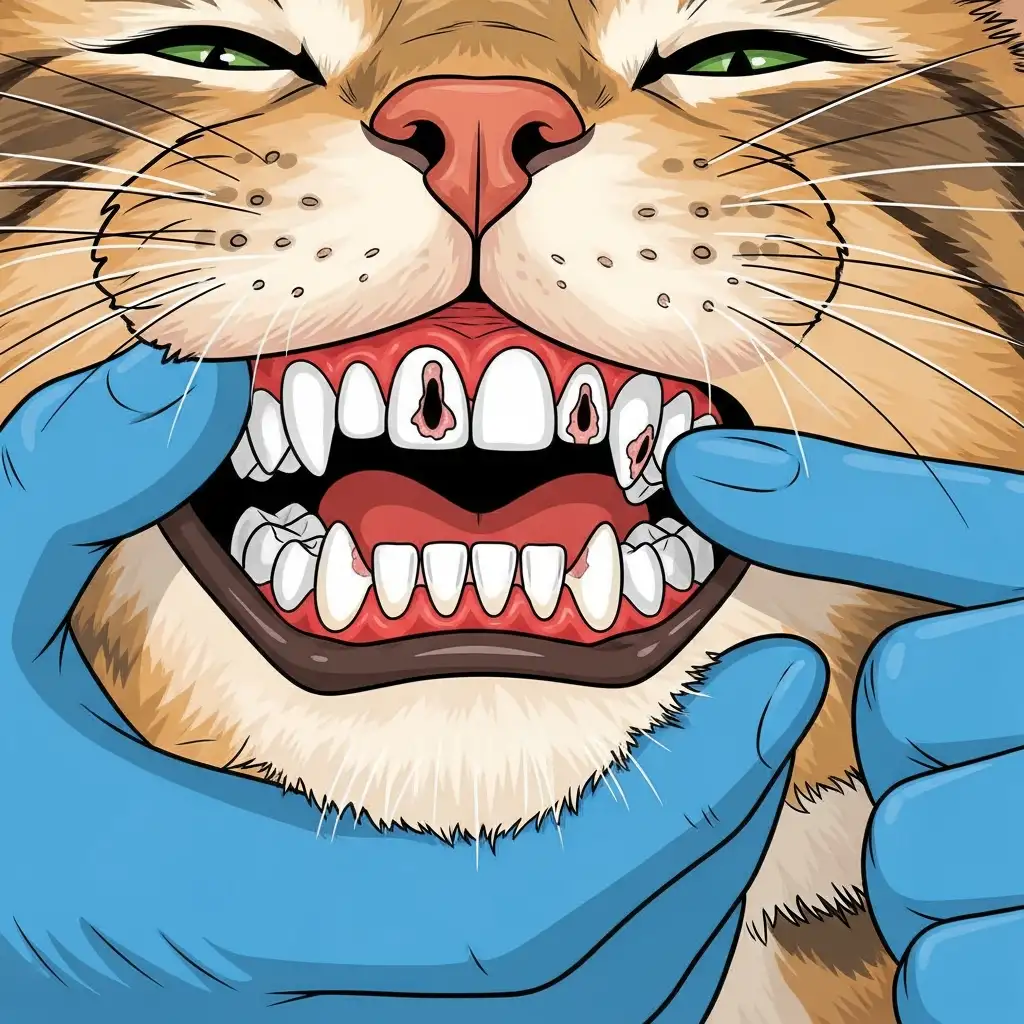 고양이 구강 검진을 통해 잇몸의 발적과 치아 상태를 확인하는 모습으로 고양이FORL 증상을 체크하는 장면입니다.