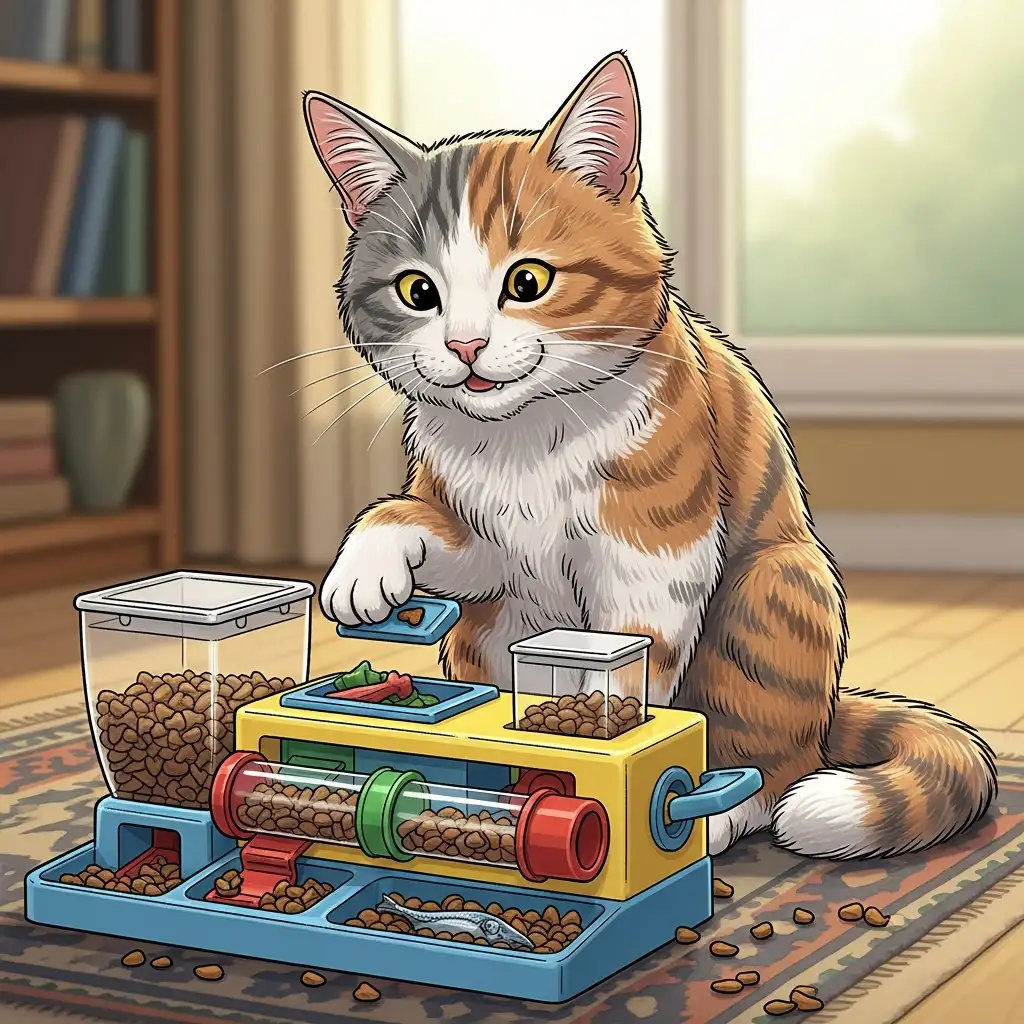 노령묘가 간식이 든 퍼즐 급식기를 가지고 놀며 두뇌를 자극하는 모습으로 고양이인지기능장애 예방 활동을 보여줌