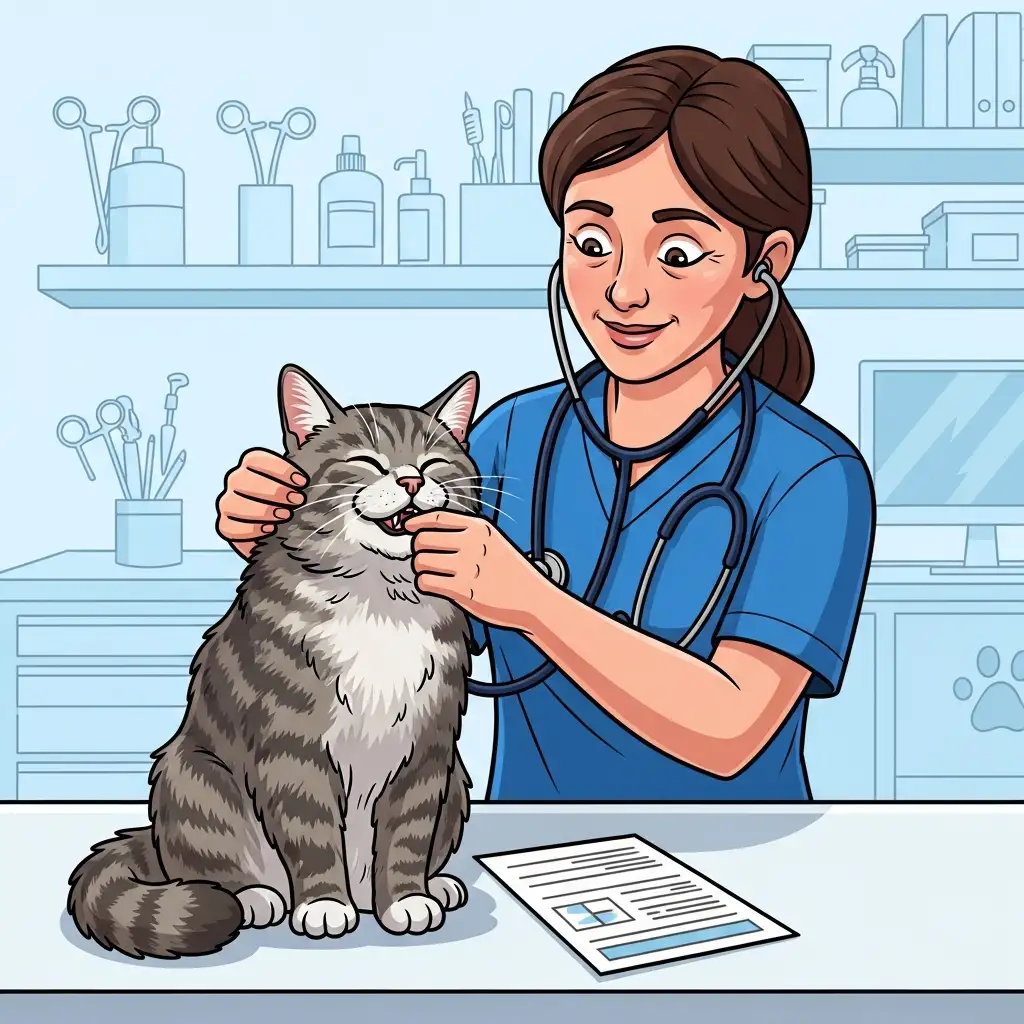 수의사가 노령묘의 건강 상태를 꼼꼼히 검진하는 모습으로 정기적인 고양이건강관리의 중요성을 강조함