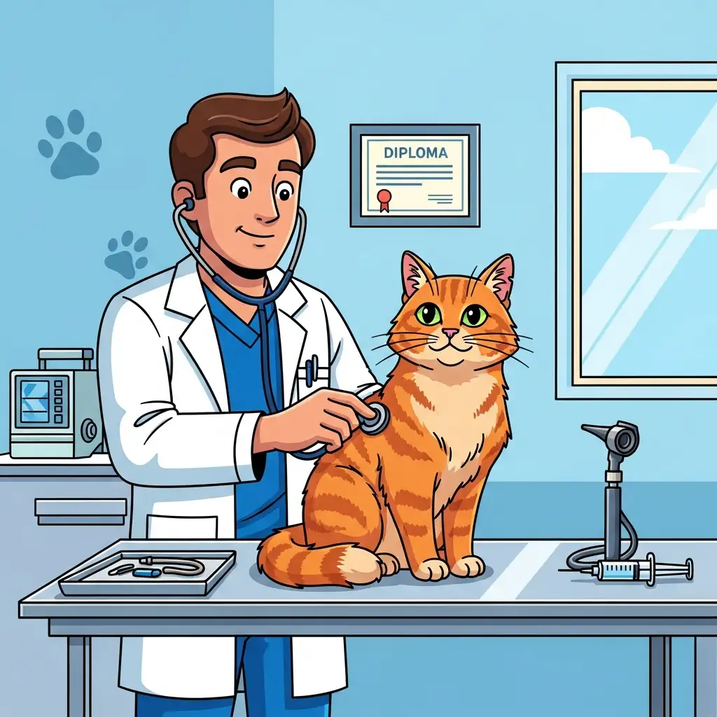 고양이의 건강 상태를 꼼꼼하게 체크하고 있는 수의사와 진료를 받고 있는 차분한 모습의 반려묘 이미지입니다.