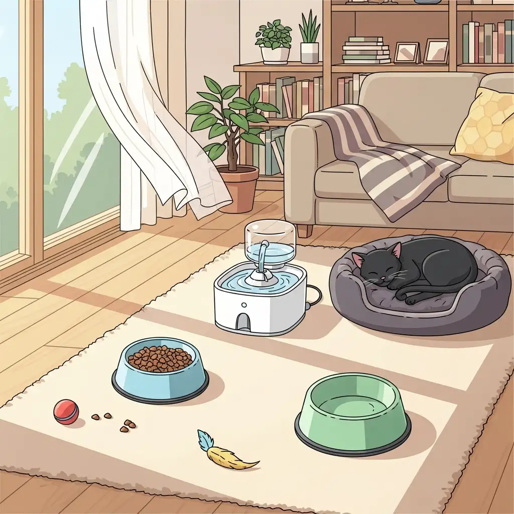 고양이 전염병 예방을 위해 식기와 물그릇을 청결하게 관리하고 분리하여 배치한 실내 모습입니다.