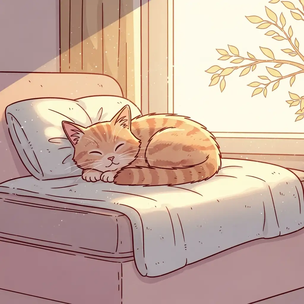 따스한 햇살 아래 부드러운 담요 위에서 편안하게 휴식을 취하며 스트레스를 해소하고 있는 고양이입니다.