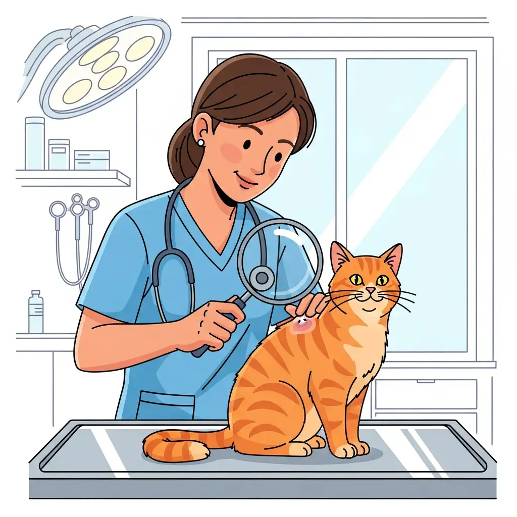 수의사가 전문 장비를 활용하여 고양이 피부에 생긴 혹의 상태를 정밀하게 검진하고 진단하는 장면