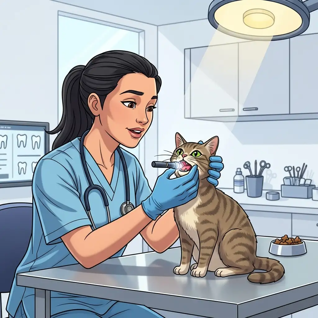 수의사가 고양이의 잇몸 색상을 확인하며 고양이빈혈증상 유무를 꼼꼼하게 진찰하는 모습입니다.