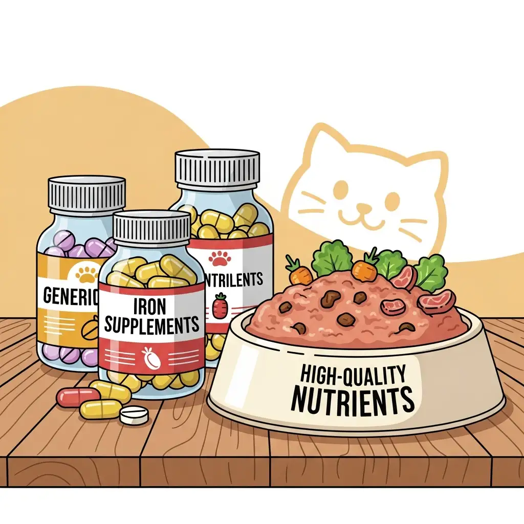 고양이건강관리를 위해 준비된 고양이철분제 영양제와 균형 잡힌 식단의 모습입니다.