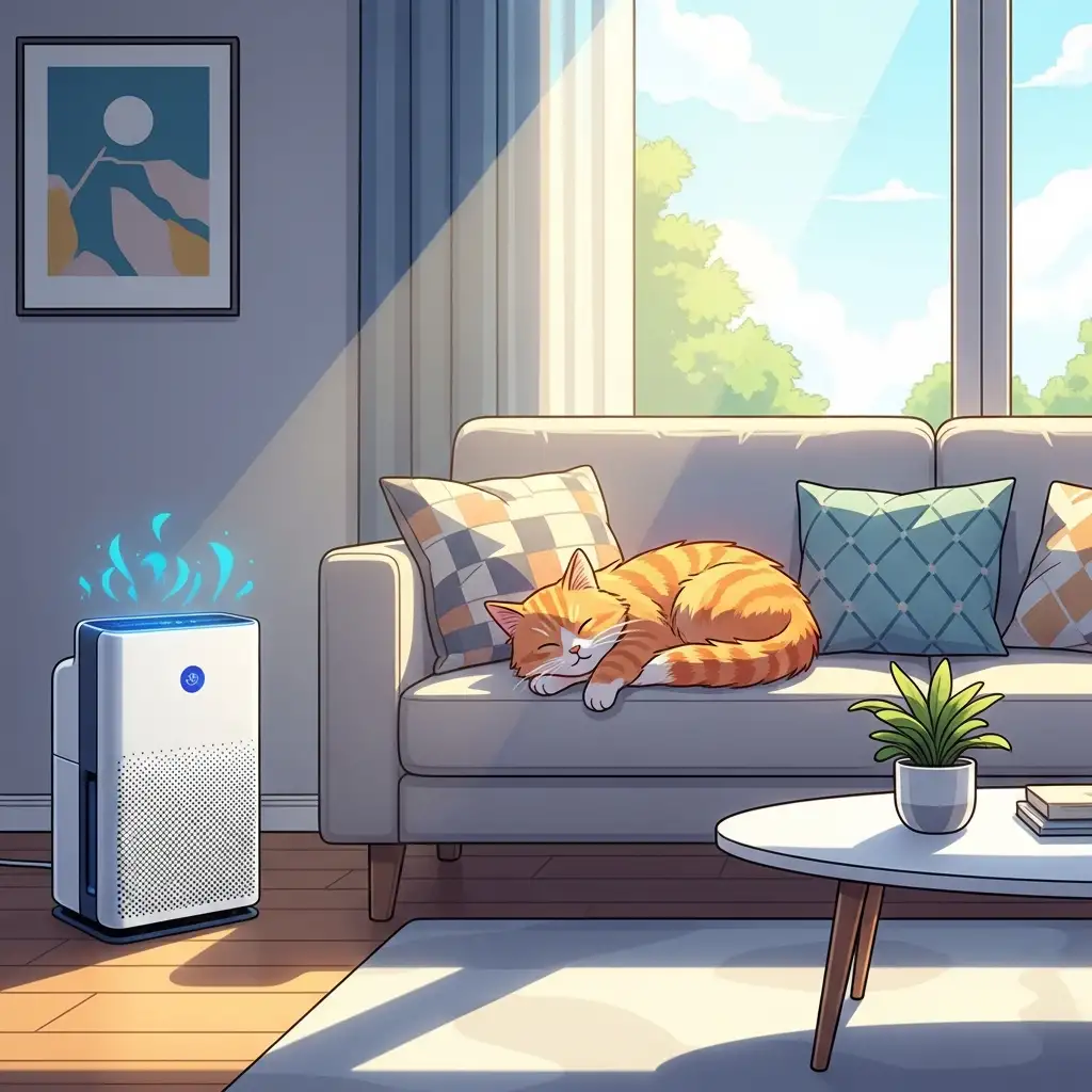 공기 청정기가 가동되는 청결한 거실 환경에서 고양이가 편안하게 잠들어 있는 모습입니다.