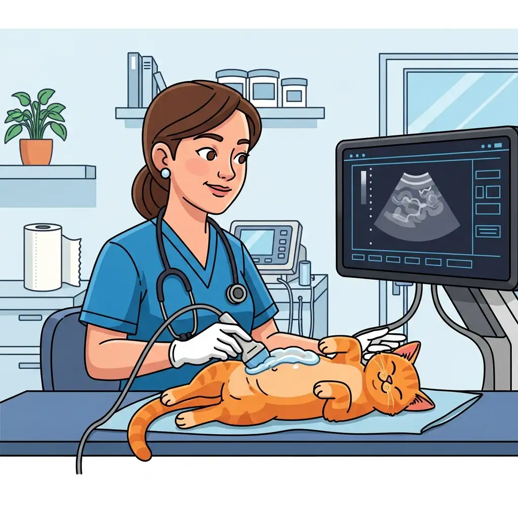 수의사가 동물병원에서 고양이의 심장 초음파 검사를 꼼꼼하게 진행하고 있는 장면입니다.