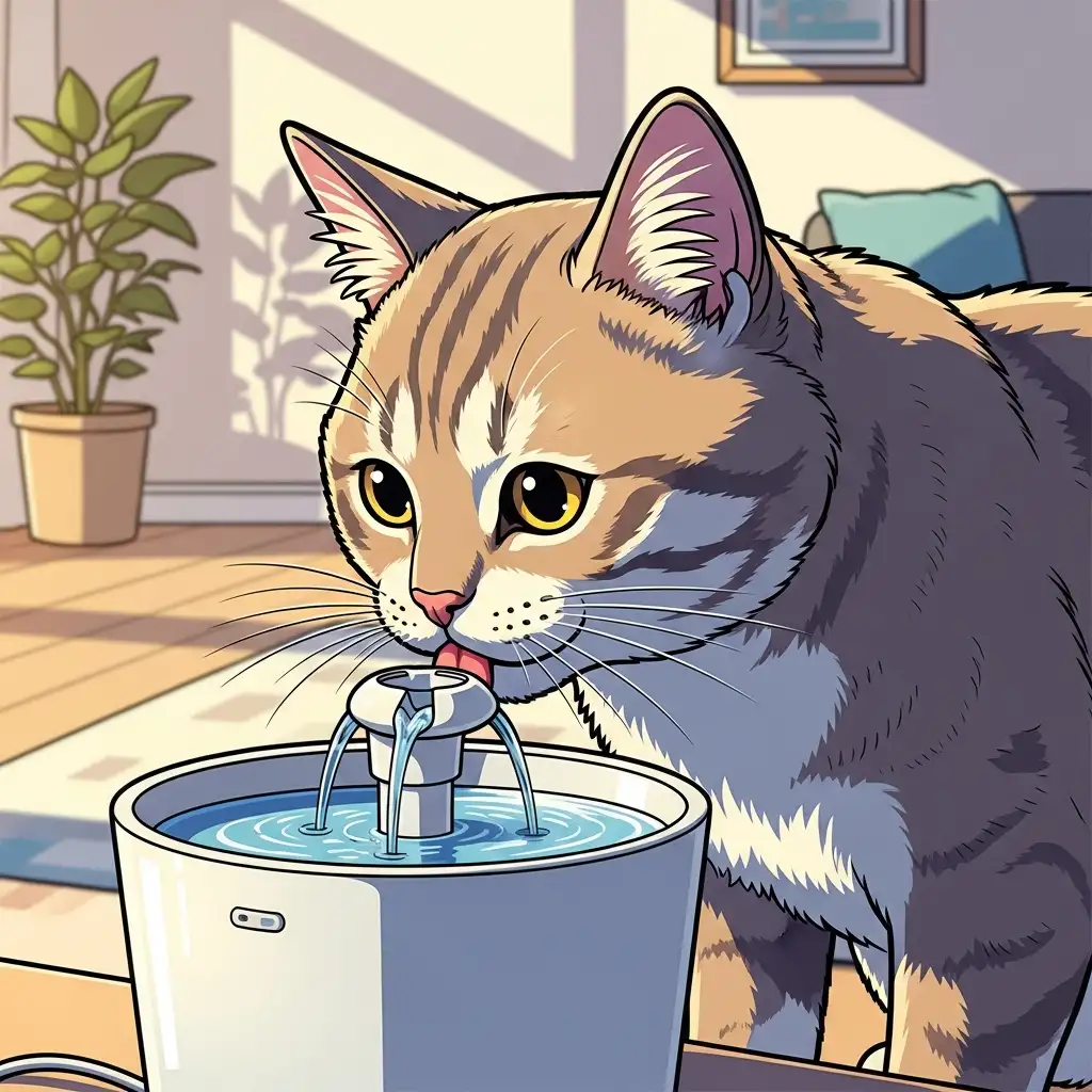 깨끗한 물이 나오는 고양이 전용 급수기에서 물을 마시며 건강을 관리하는 고양이의 모습입니다.