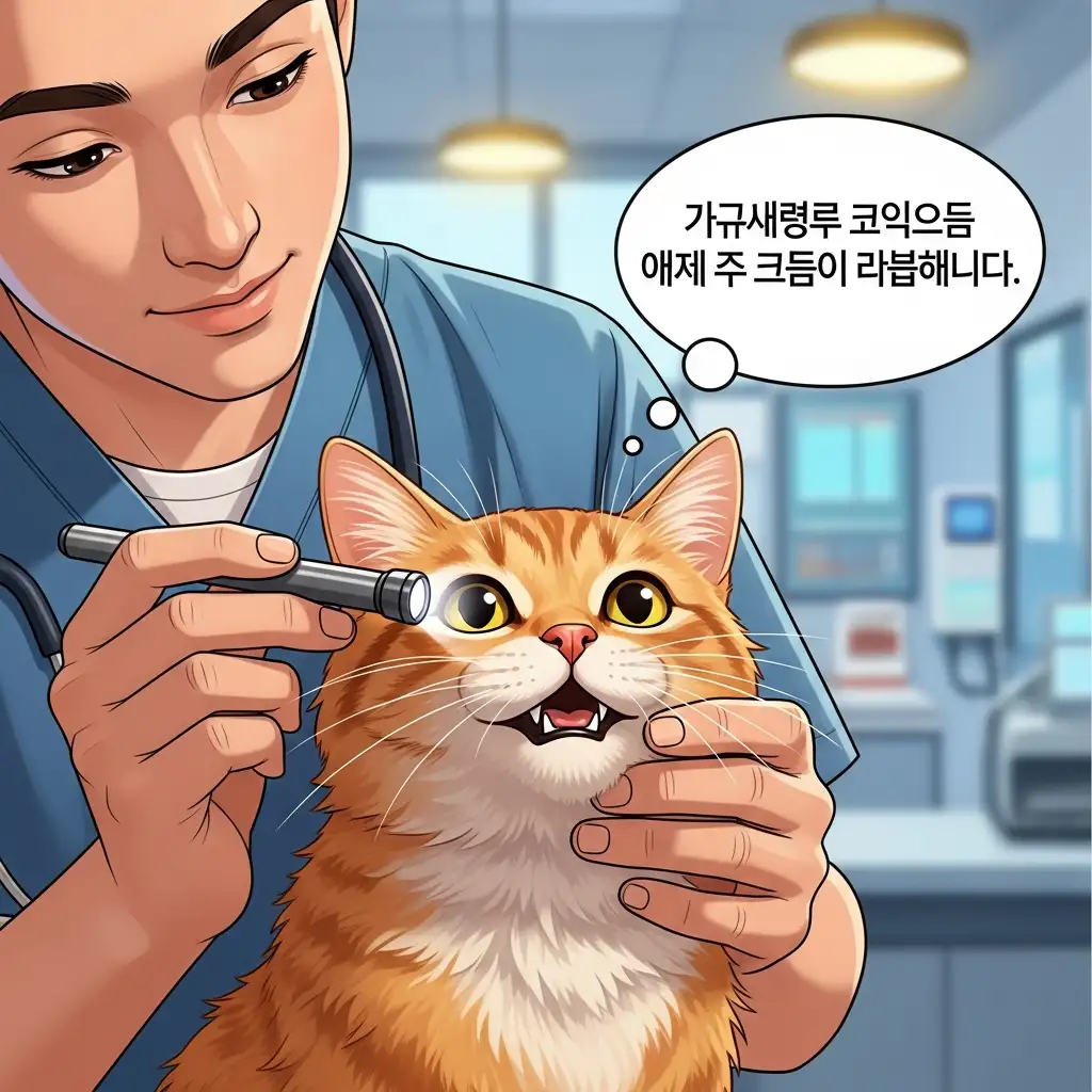 수의사가 고양이의 상태를 세밀하게 검진하는 모습입니다. 고양이간질환은 조기 진단이 완치율을 높이는 핵심입니다.