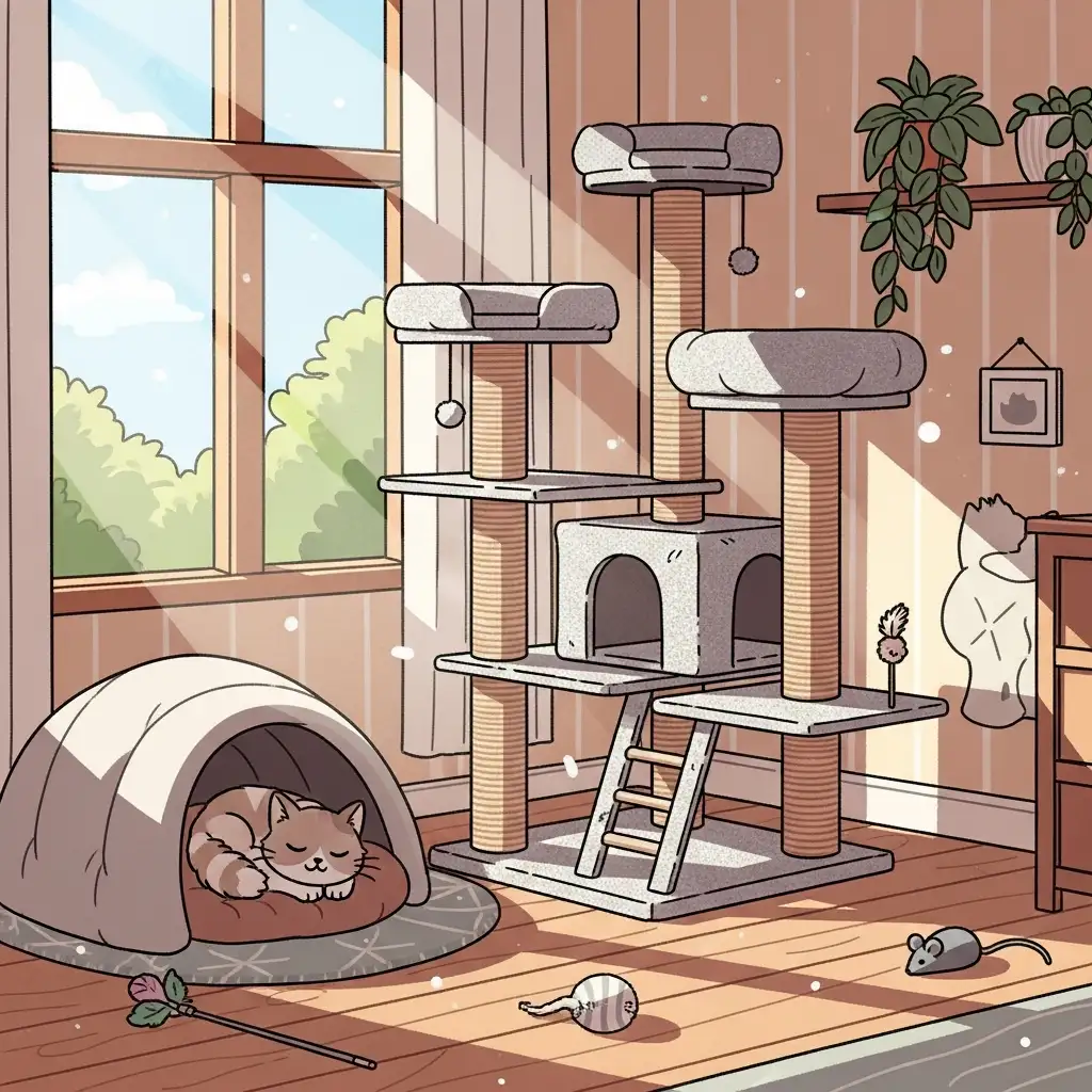 고양이의 심리적 안정을 돕기 위해 수직 공간과 아늑한 은신처가 마련된 실내 환경의 모습입니다.