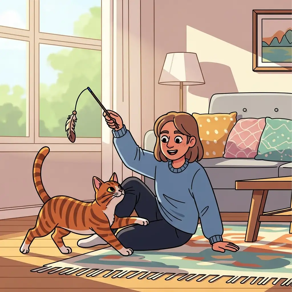 보호자가 깃털 장난감을 이용해 고양이와 사냥 놀이를 하며 스트레스를 해소해 주는 즐거운 모습입니다.