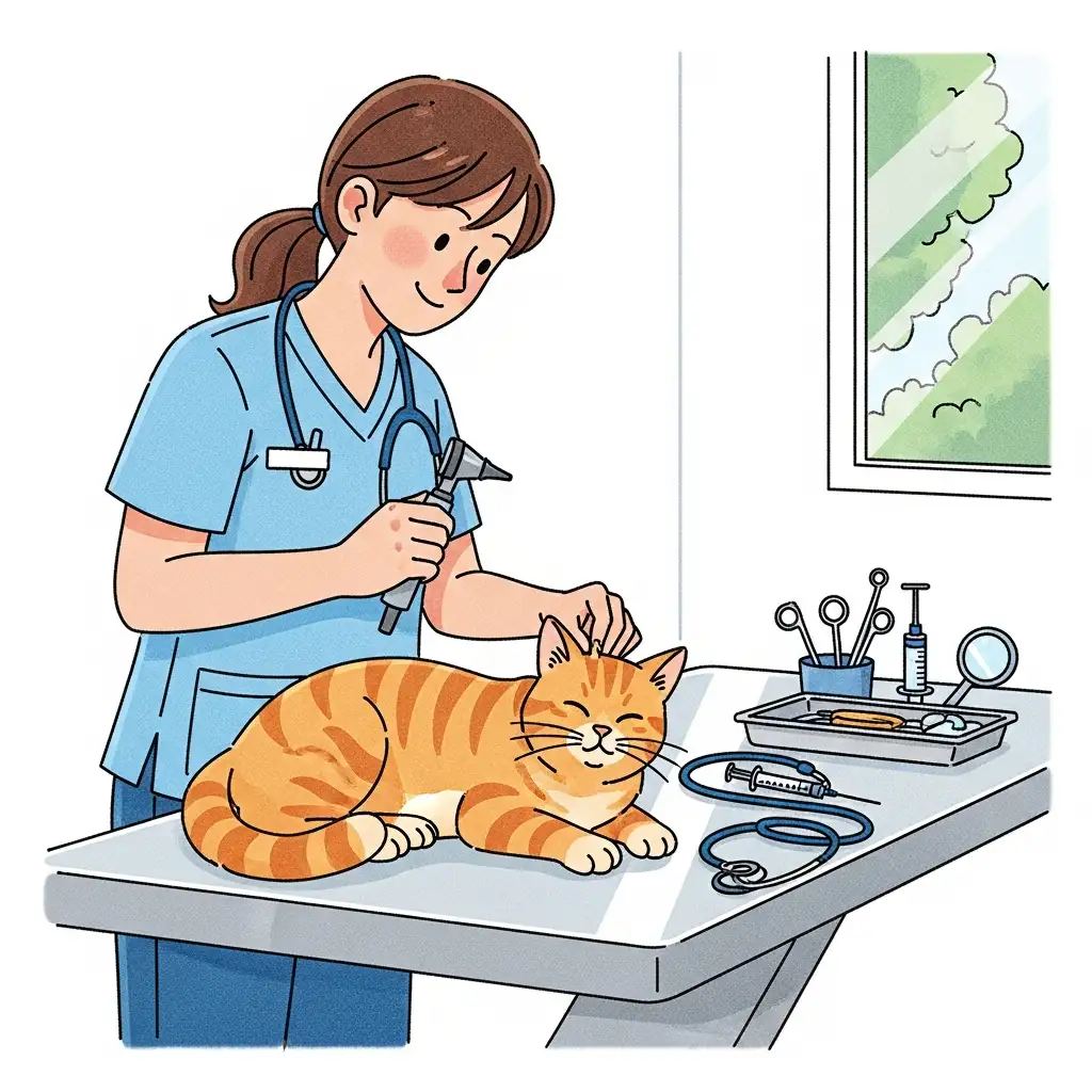 수의사가 고양이의 상태를 세심하게 검진하며 스트레스성 질환 여부를 확인하는 전문적인 모습입니다.