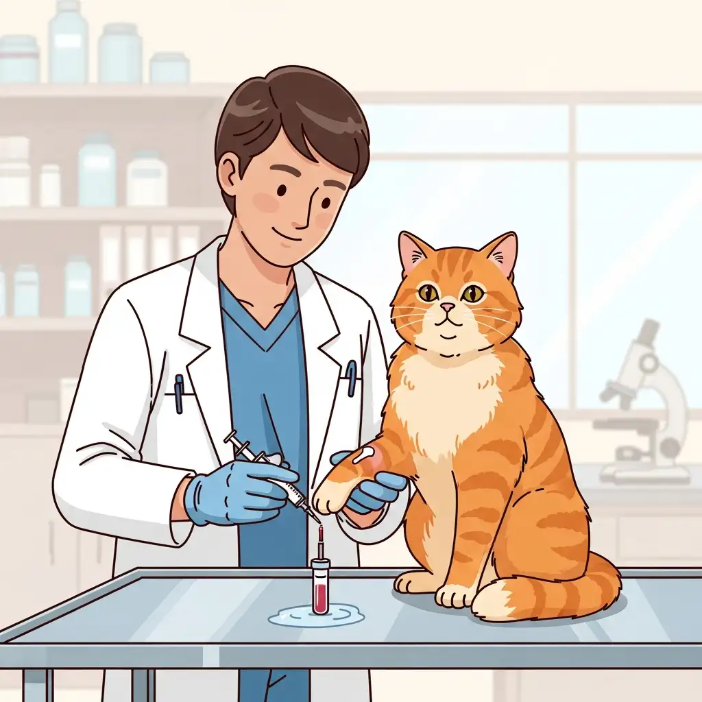 고양이의 면역력 형성을 확인하기 위해 수의사가 항체가 검사를 위한 채혈을 진행하는 장면