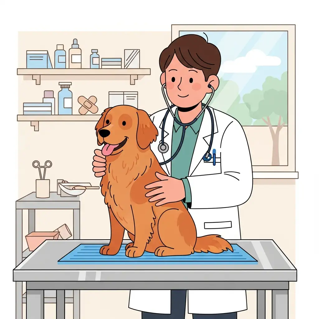 동물병원에서 수의사에게 정기 검진을 받고 있는 강아지의 모습으로 호르몬 질환 관리의 중요성을 강조합니다