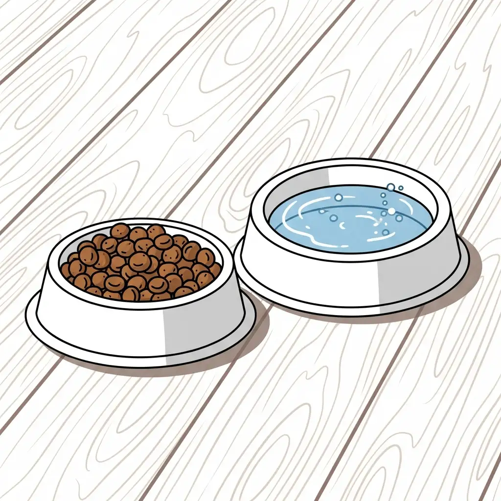 깨끗한 바닥에 놓인 강아지 췌장염 전용 저지방 처방 사료와 깨끗한 물그릇