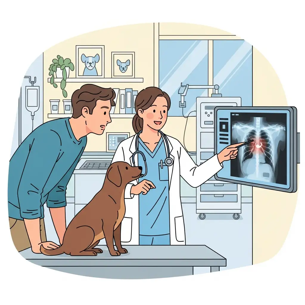 현대적인 동물병원에서 수의사가 보호자에게 강아지의 상태를 설명하고 있는 전문적인 모습