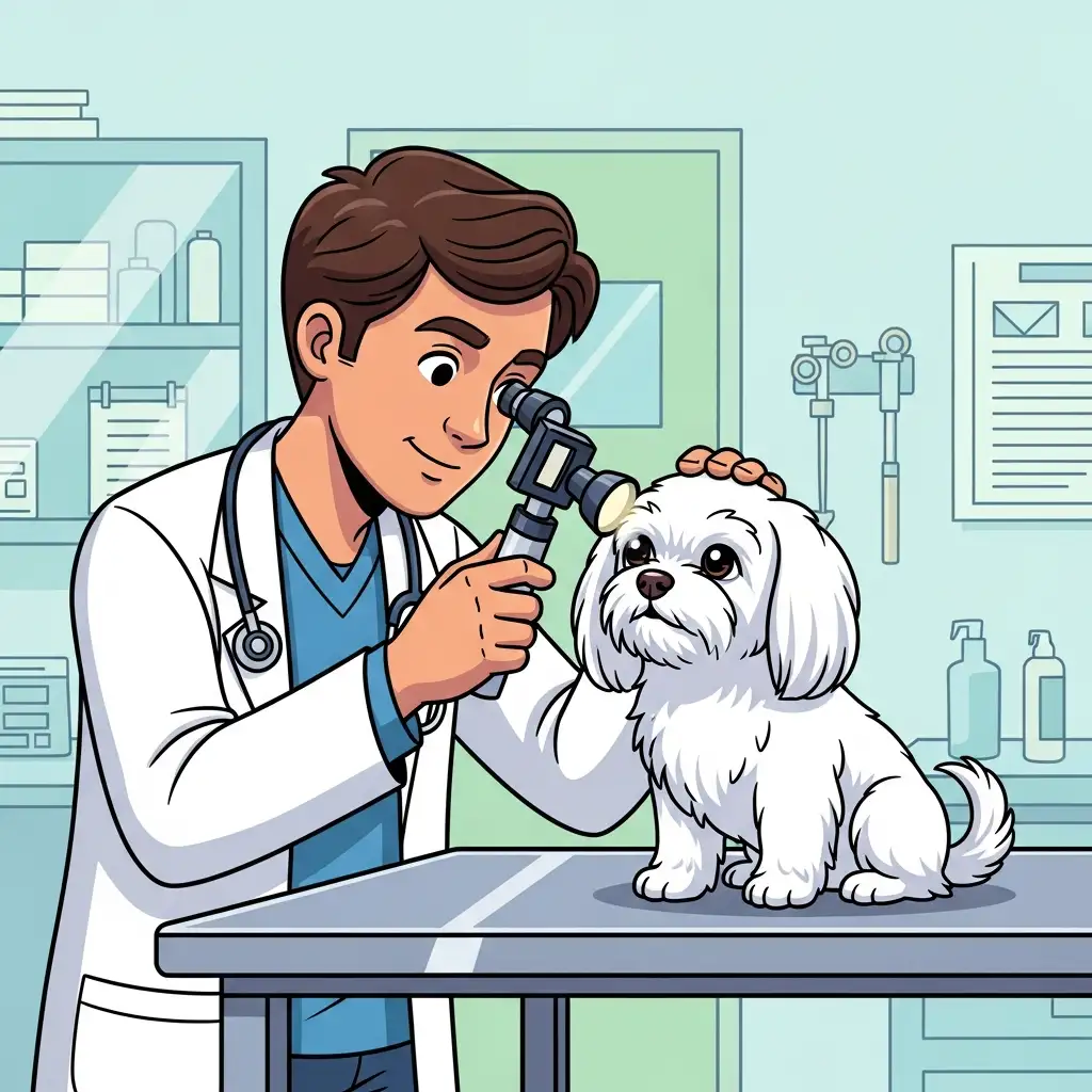 수의사가 정밀 안과 장비를 사용하여 강아지의 백내장 진행 상태를 검진하고 있는 장면입니다.