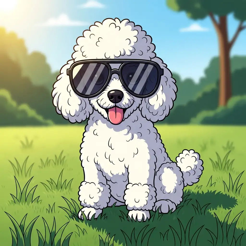 자외선으로부터 눈을 보호하기 위해 전용 고글을 착용하고 산책을 즐기는 강아지의 모습입니다.