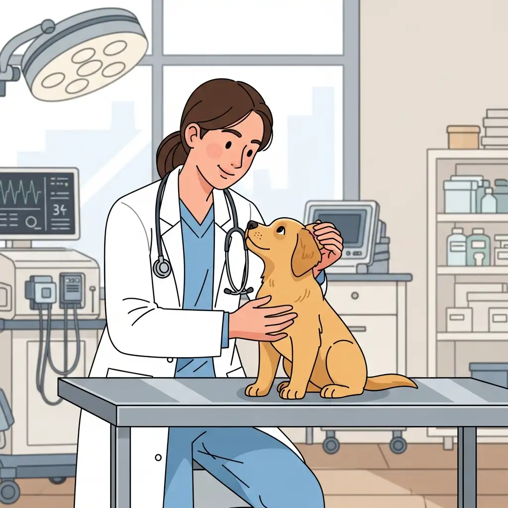 동물 병원에서 수의사가 강아지의 상태를 꼼꼼하게 검진하며 강아지 홍역 여부를 확인하는 전문적인 모습입니다.