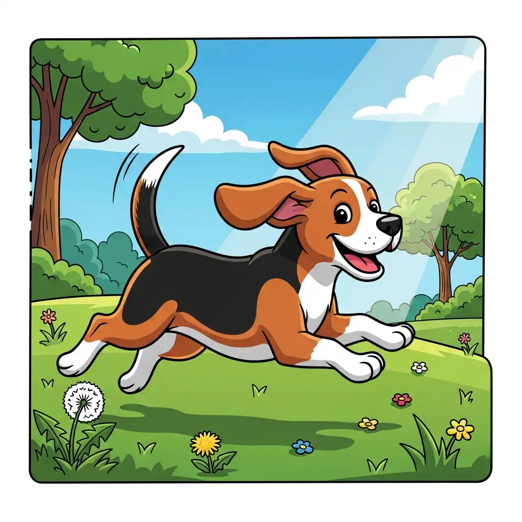 홍역을 극복하고 푸른 공원에서 건강하게 뛰어노는 행복한 강아지의 활기찬 모습입니다.