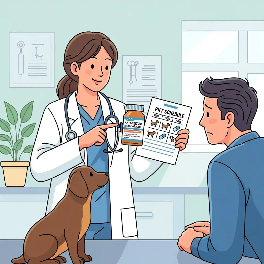 수의사가 보호자에게 강아지 항경련제 복용 방법과 투약 주기에 대해 친절하게 설명하는 모습