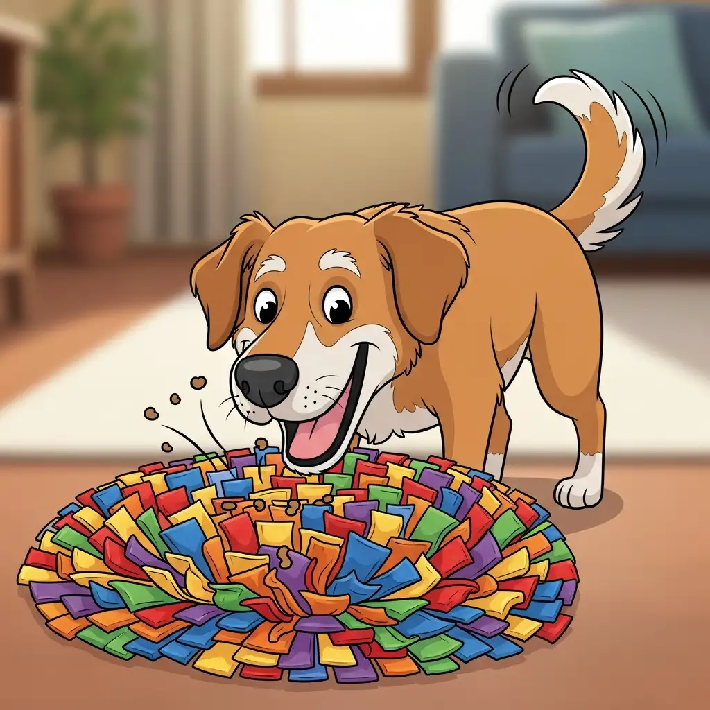 노령견 인지기능 장애 예방을 위해 실내에서 노즈워크 활동을 즐기고 있는 강아지입니다