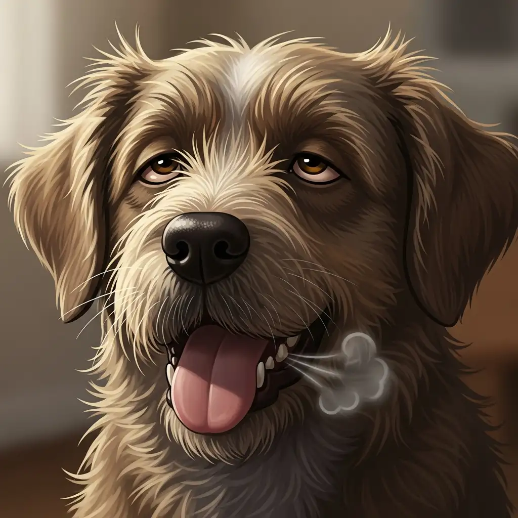 산책 후 평소보다 심하게 헐떡거리며 기침 증상을 보이는 강아지의 얼굴 근접 사진