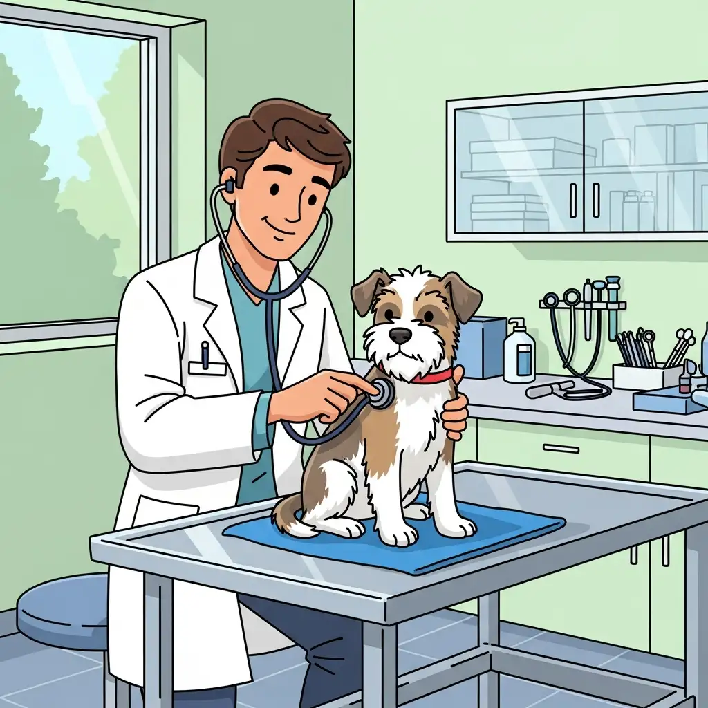 동물병원에서 수의사가 청진기를 사용하여 강아지의 심장 소리를 꼼꼼하게 검진하는 모습