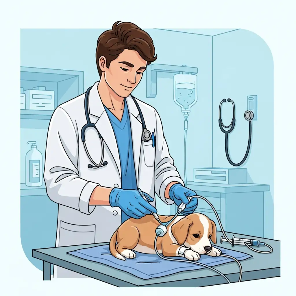 수의사가 깨끗한 병원 환경에서 강아지에게 수액을 처치하며 파보 장염 집중 치료를 진행하는 모습입니다.