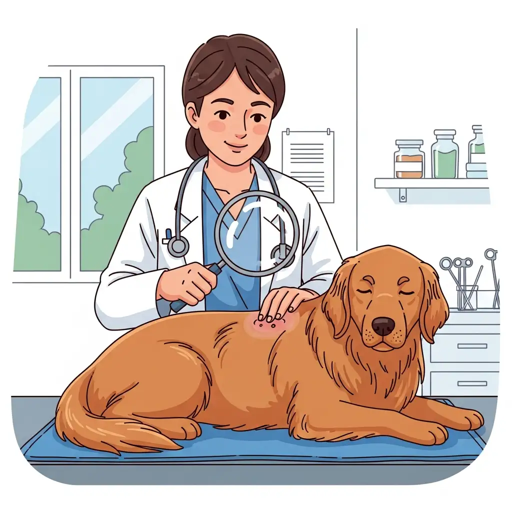 동물병원에서 수의사가 강아지의 피부 상태를 정밀하게 검진하고 있는 모습