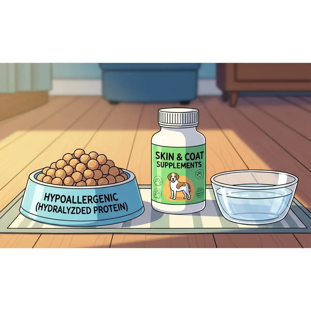 강아지 피부 건강을 위한 가수분해 사료와 피부 영양제가 차려진 건강한 식단 이미지