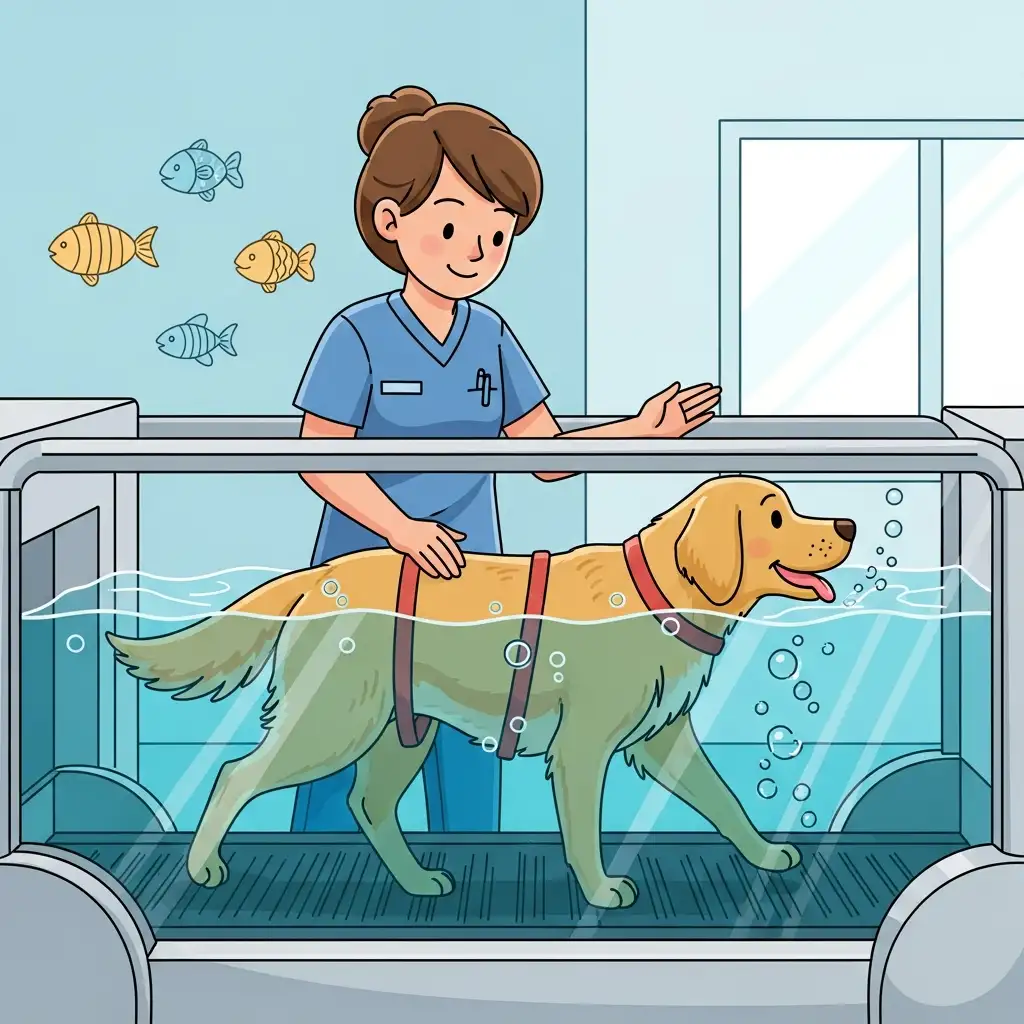 강아지 재활 운동을 위해 수중 트레드밀에서 안전하게 걷기 훈련을 하는 반려견