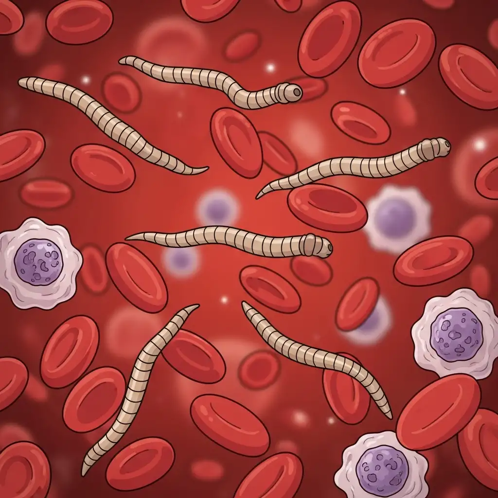 강아지의 혈액 속에서 발견될 수 있는 심장사상충 유충인 미세사상충을 현미경으로 관찰한 모습입니다