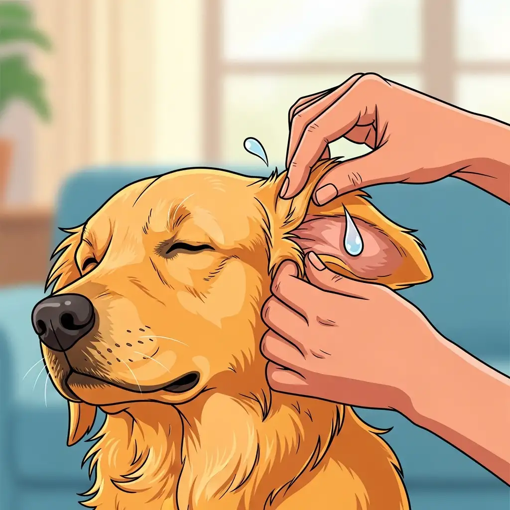 보호자가 강아지 귀에 세정제를 넣고 귀 뿌리 부분을 부드럽게 마사지하며 강아지귀청소를 해주는 모습